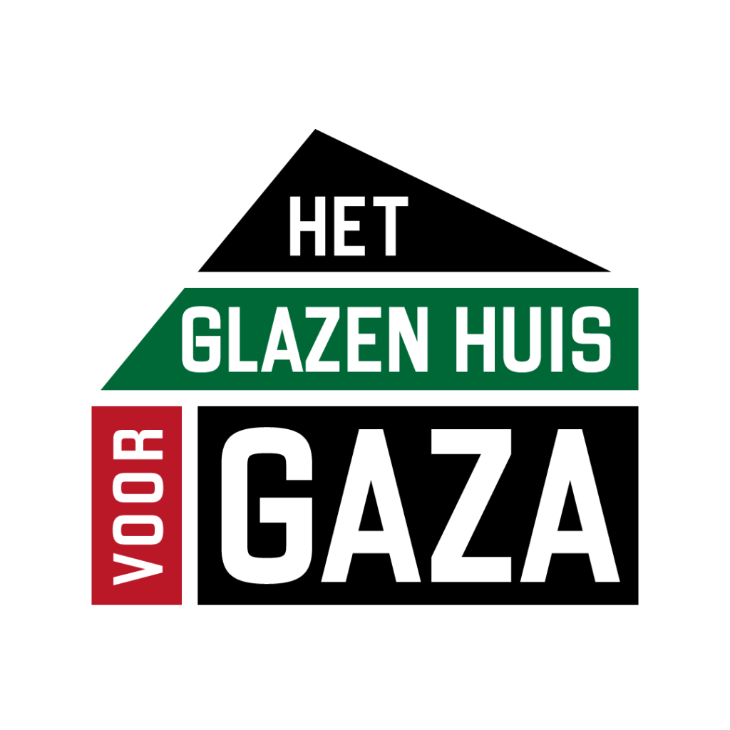 Logo huis met tekst Glazen Huis voor Gaza